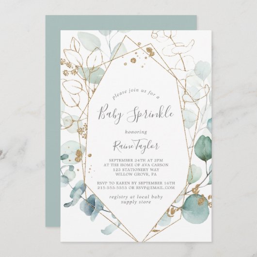 Airy Greenery und Gold Leaf Baby Sprinkle Einladung (Vorne/Hinten)