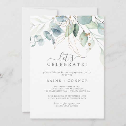 Airy Greenery und Gold Leaf Feiern Einladung (Vorderseite)