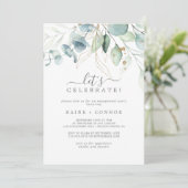 Airy Greenery und Gold Leaf Feiern Einladung (Stehend Vorderseite)