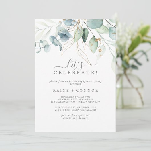 Airy Greenery und Gold Leaf Feiern Einladung (Stehend Vorderseite)