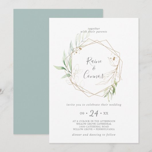 Airy Greenery und Gold Leaf Wreath Wedding Einladung (Vorne/Hinten)