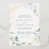 Airy Greenery und Pressed Gold Foil Leaf Wedding Folieneinladung (Vorderseite)