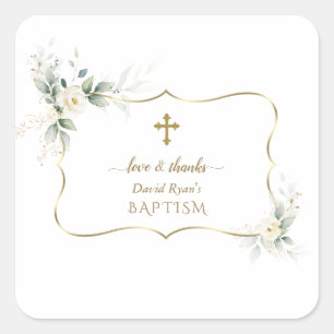 Airy Greenery White Blume Boy Christening Quadratischer Aufkleber