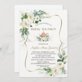 Airy Greenery White Blume Gold Brautparty Einladung (Vorne/Hinten)