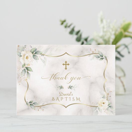 Airy Greenery White Floral Gold Marmor Taufe Dankeskarte (Stehend Vorderseite)