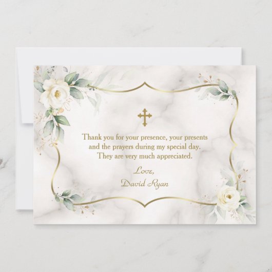 Airy Greenery White Floral Gold Marmor Taufe Dankeskarte (Rückseite)