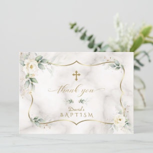 Airy Greenery White Floral Gold Marmor Taufe Dankeskarte