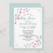 Airy Pink Green Mint Aquarell Floral Baby Dusche Einladung (Vorne/Hinten)
