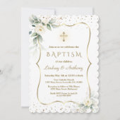 Airy White Blume Gold Cross Twins Taufe Einladung (Vorderseite)