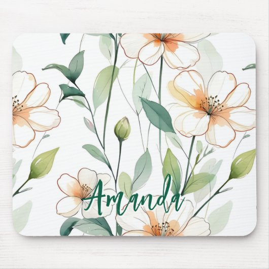 Airy White Flowers Greenery Pattern Blossom Floral Mousepad (Vorne)