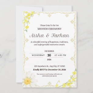 Aisha & Farhan Gelbe Blumen Mehndi Einladung
