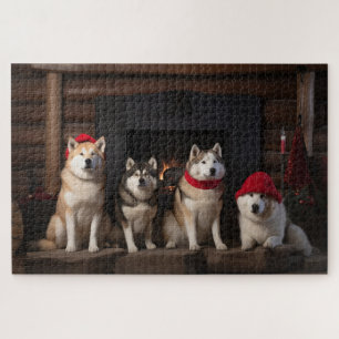 Akita am Kamin Weihnachten Puzzle