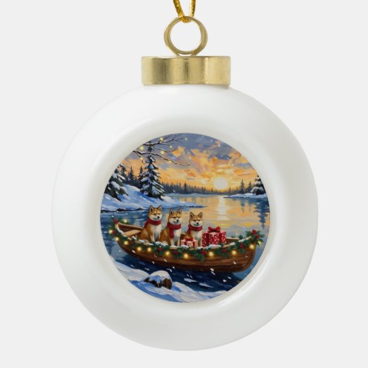 Akita Christmas Boat Holiday Keramik Kugel-Ornament (Vorderseite)