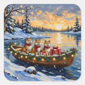 Akita Christmas Boat Holiday Quadratischer Aufkleber (Vorderseite)