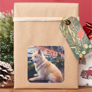 Akita Christmas Cruise: Pawsome Holiday Delight Quadratischer Aufkleber