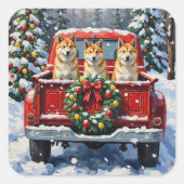 Akita Christmas Red Truck Holiday Quadratischer Aufkleber (Vorderseite)