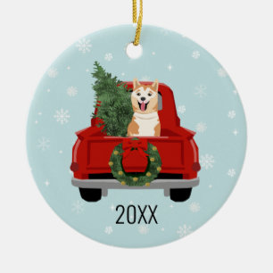 Akita Christmas Red Truck Ornament
