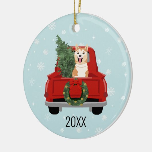 Akita Christmas Red Truck Ornament (Links)