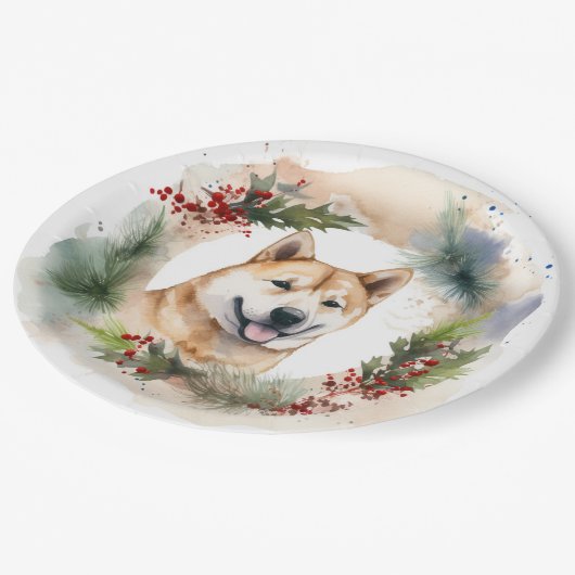Akita Christmas Wreath Festivals Pappteller (Schrägansicht)