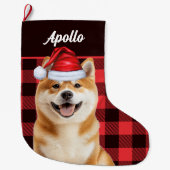 Akita Cute Dog Red Buffalo Plaid with Name Großer Weihnachtsstrumpf (Vorderseite)