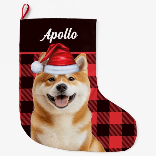 Akita Cute Dog Red Buffalo Plaid with Name Großer Weihnachtsstrumpf (Vorderseite)
