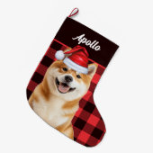 Akita Cute Dog Red Buffalo Plaid with Name Großer Weihnachtsstrumpf (Vorderansicht (hängend))