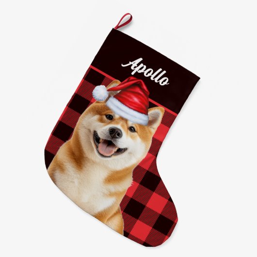 Akita Cute Dog Red Buffalo Plaid with Name Großer Weihnachtsstrumpf (Vorderansicht (hängend))