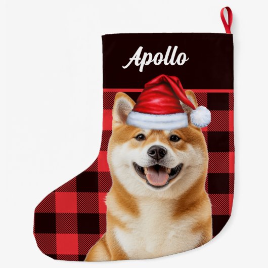 Akita Cute Dog Red Buffalo Plaid with Name Großer Weihnachtsstrumpf (Rückseite)