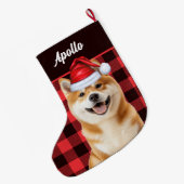 Akita Cute Dog Red Buffalo Plaid with Name Großer Weihnachtsstrumpf (Rückseite (Hängend))