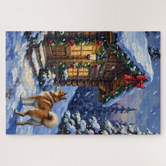 Akita Dog Christmas Log Cabin Holiday Puzzle (Horizontal)