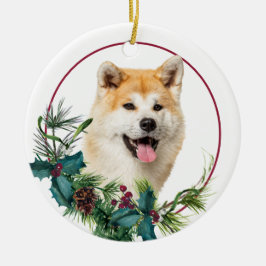 Akita Dog Evergreen Berry Wreath Keramik Ornament