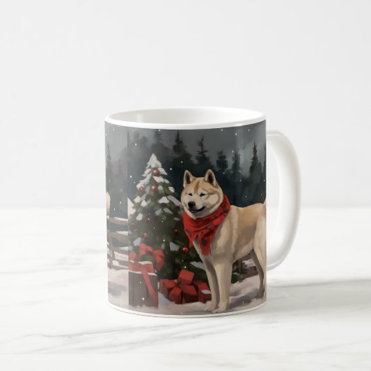 Akita Dog in Schnee Weihnachten Kaffeetasse (VorderseiteRechts)