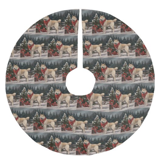 Akita Dog in Schnee Weihnachten Polyester Weihnachtsbaumdecke (Vorderseite)
