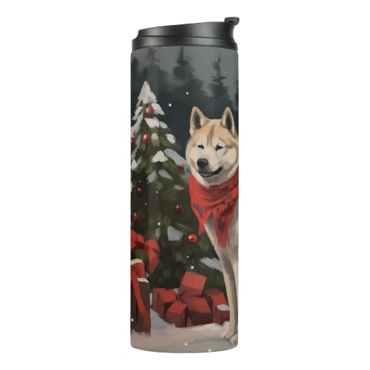 Akita Dog in Schnee Weihnachten Thermosbecher (Nach links gedreht)