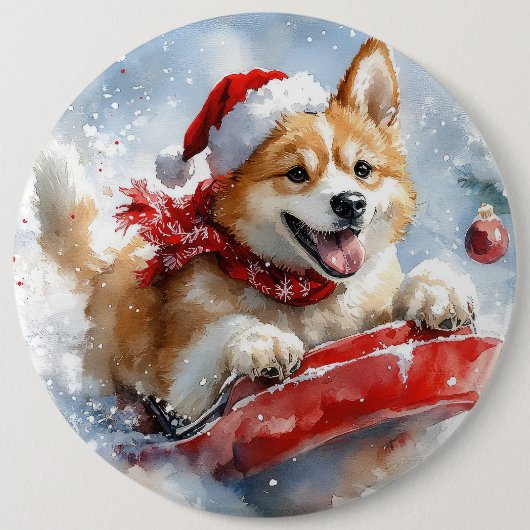 Akita Dog in Sledge Lass es Schnee Weihnachten Button (Vorderseite)