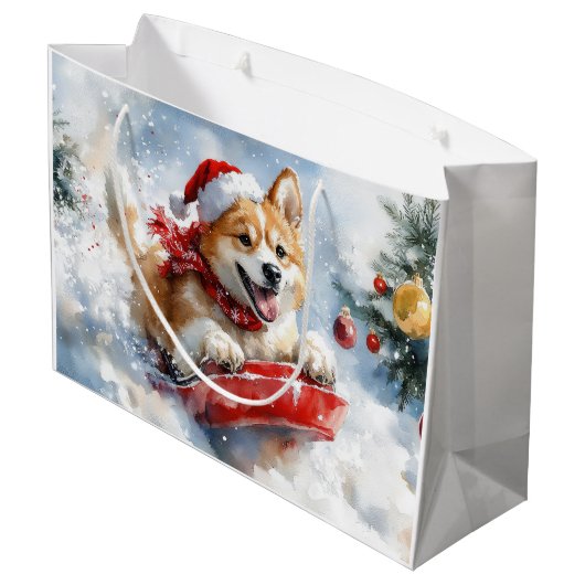 Akita Dog in Sledge Lass es Schnee Weihnachten Große Geschenktüte (Rückseite Schrägansicht)