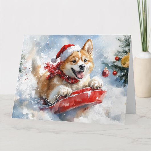 Akita Dog in Sledge Lass es Schnee Weihnachten Karte (Vorderseite)