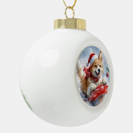 Akita Dog in Sledge Lass es Schnee Weihnachten Keramik Kugel-Ornament (Links)