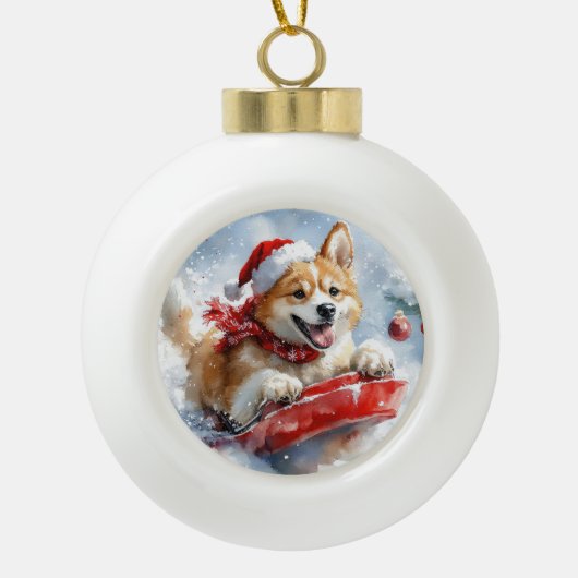Akita Dog in Sledge Lass es Schnee Weihnachten Keramik Kugel-Ornament (Vorderseite)