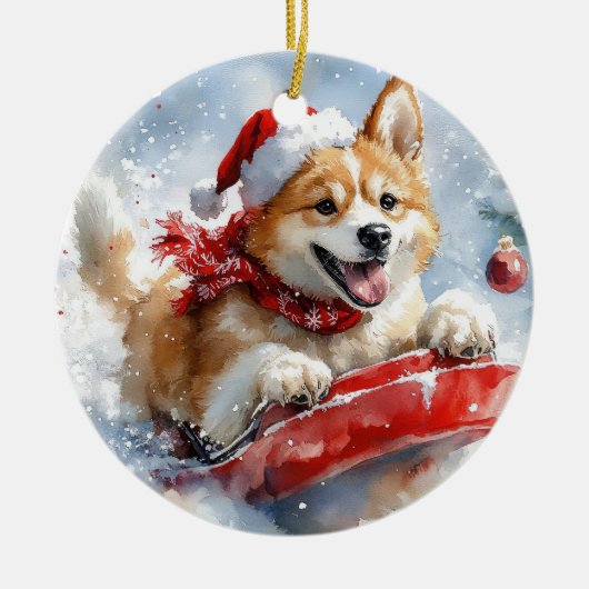 Akita Dog in Sledge Lass es Schnee Weihnachten Keramik Ornament (Vorne)