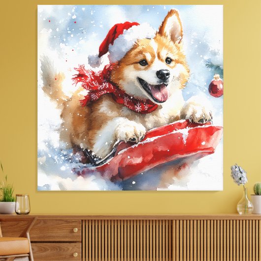 Akita Dog in Sledge Lass es Schnee Weihnachten Leinwanddruck (Insitu (Wohnzimmer))