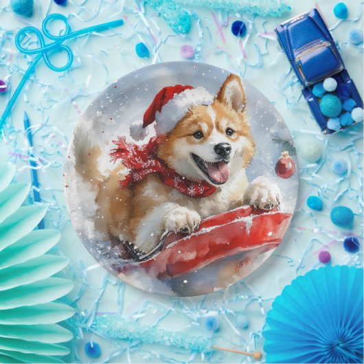 Akita Dog in Sledge Lass es Schnee Weihnachten Pappteller (Party)