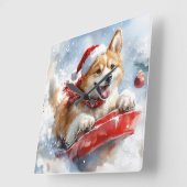 Akita Dog in Sledge Lass es Schnee Weihnachten Quadratische Wanduhr (Winkel)