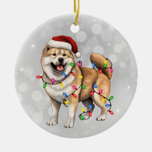 Akita Dog in Weihnachtsbeleuchtung eingeschlossen Keramik Ornament (Vorne)