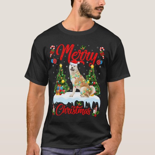 Akita Dog Lights Xmas Tree Santa Akita Weihnachten T-Shirt (Vorderseite)
