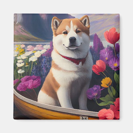 Akita Dog on a Paddle: Ein Landschaftliches Abente Magnet (Vorne)