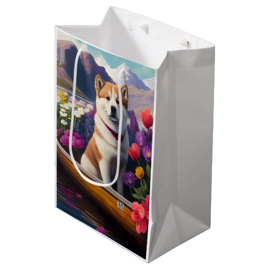 Akita Dog on a Paddle: Ein Landschaftliches Abente Mittlere Geschenktüte (Vorderseite Schrägansicht)