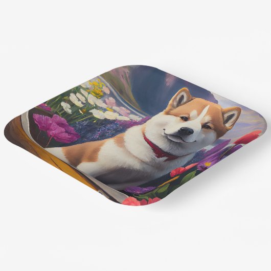 Akita Dog on a Paddle: Ein Landschaftliches Abente Pappteller (Gewinkelt)