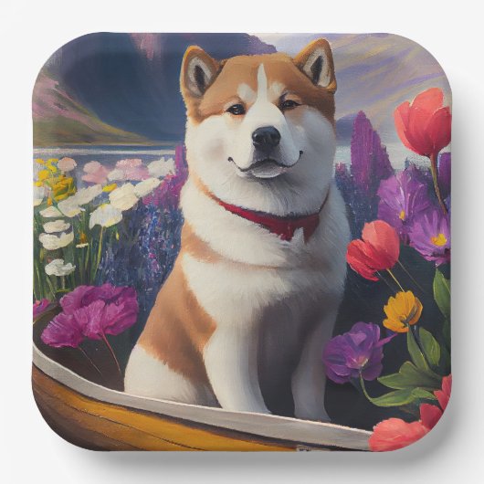 Akita Dog on a Paddle: Ein Landschaftliches Abente Pappteller (Vorderseite)