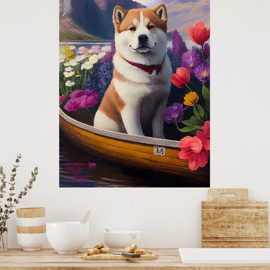 Akita Dog on a Paddle: Ein Landschaftliches Abente Poster (Küche)